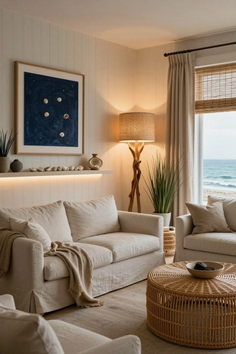 A light-filled living room with white shiplap walls, floating shelves lit by under LEDs holding plants and shells, a twisted wood floor lamp, cream linen sofas around a rattan coffee table, and large windows showing the ocean.