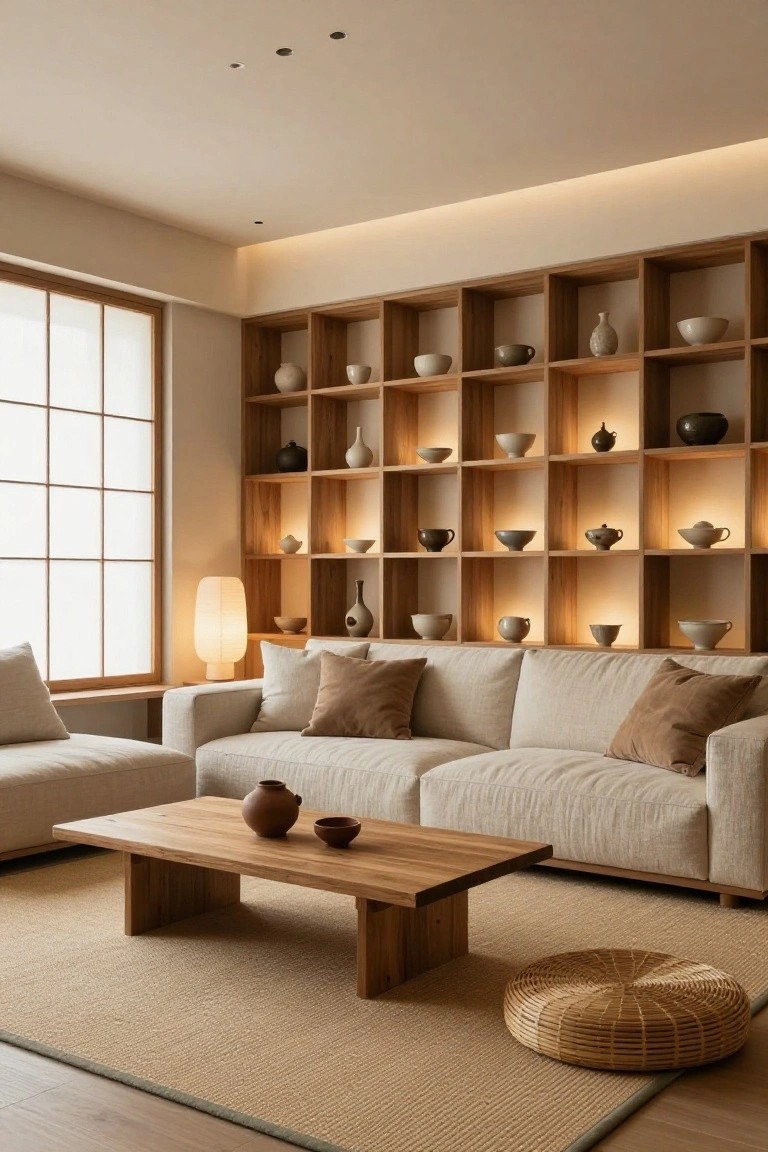 A living room with tall wooden wall shelves displaying white and beige ceramics illuminated from behind, a light beige L-shaped sofa, wooden coffee table with pottery, beige rug, rattan pouf, and floor lamp next to a large window with shoji screens.