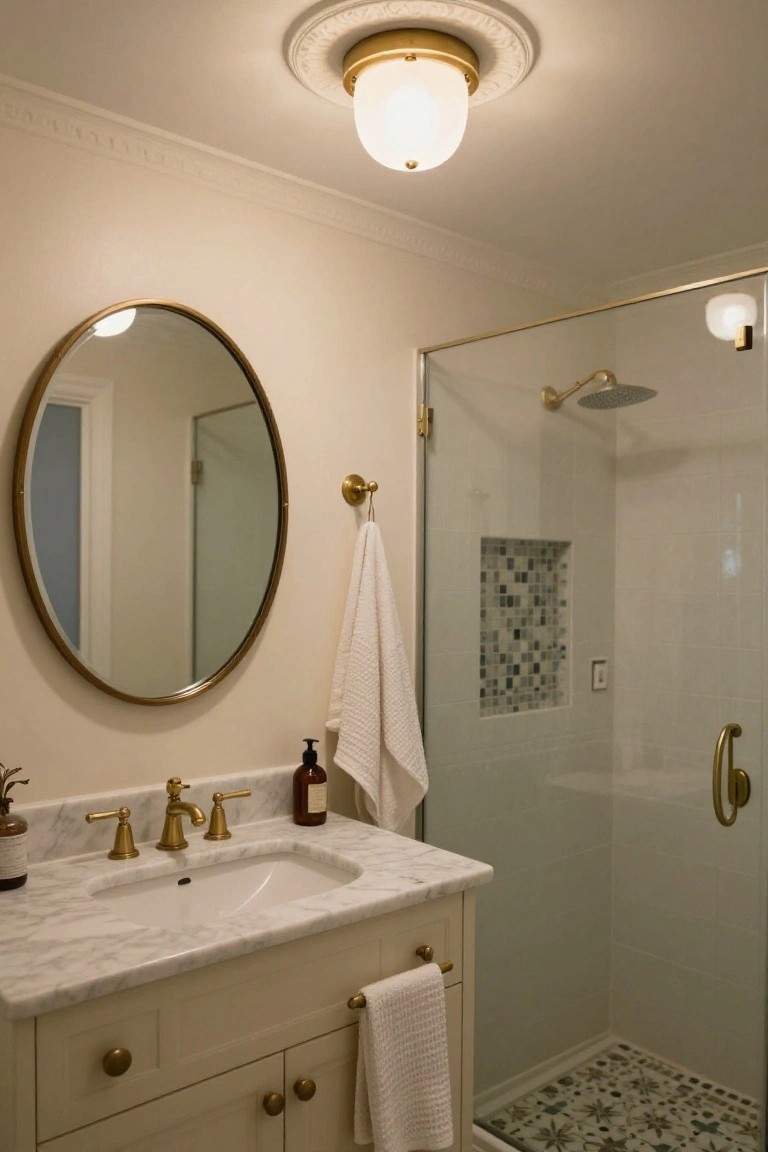 Bathroom with brass globe ceiling light in white medallion, gold round mirror, marble vanity with gold faucets, white towels, and glass shower with mosaic niche and floor tile.
