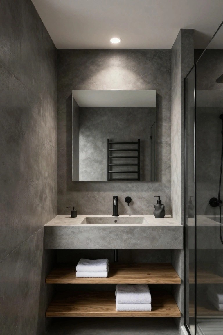 Modern gray concrete bathroom with recessed ceiling spotlight, rectangular mirror, black sink faucet and towel warmer, wooden shelves holding white towels, and glass shower enclosure.