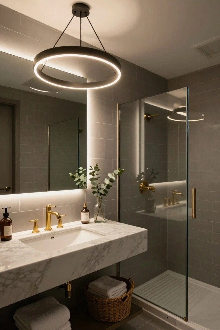 Modern bathroom with gray tile walls, floating white marble vanity, gold faucets and hardware, glass shower enclosure, potted eucalyptus on the counter, woven basket with towels underneath, and a black ring-shaped LED ceiling light hanging centrally.