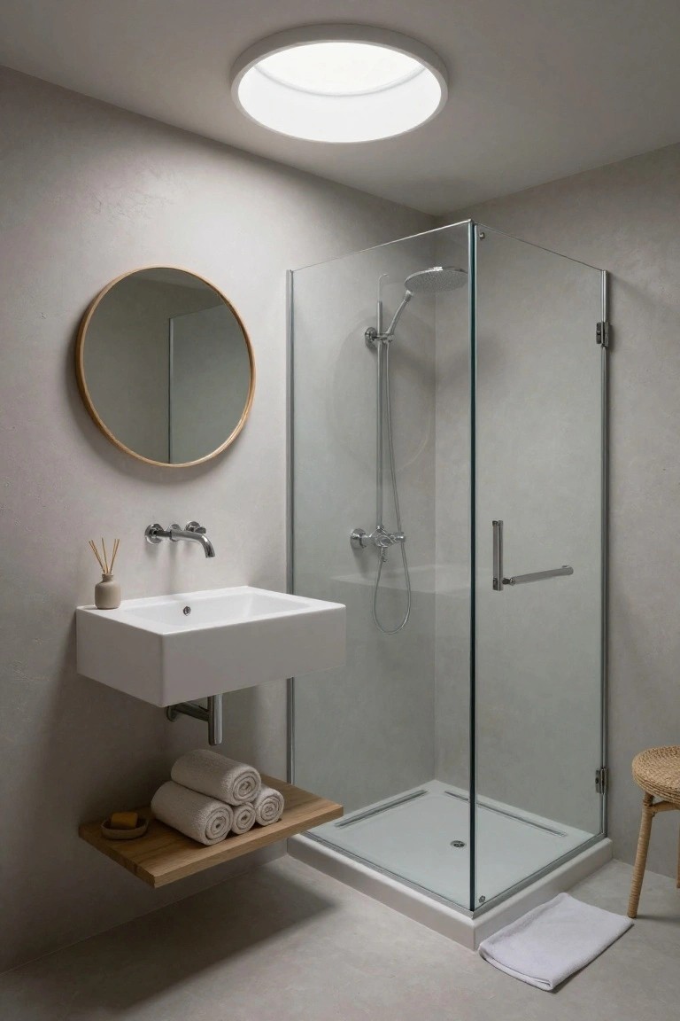 Minimalist bathroom with light gray textured walls, circular flush white ceiling light, glass shower enclosure, white floating sink, round wood-framed mirror, wooden shelf holding white towels, rattan stool, and white bath mat on light gray floor.