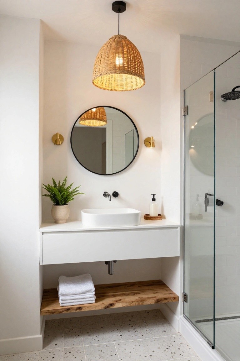 Modern bathroom with white floating vanity, round black-framed mirror with gold sconces, potted green plant, wooden shelf holding folded towels below the sink, glass shower enclosure, and overhead woven rattan pendant light.