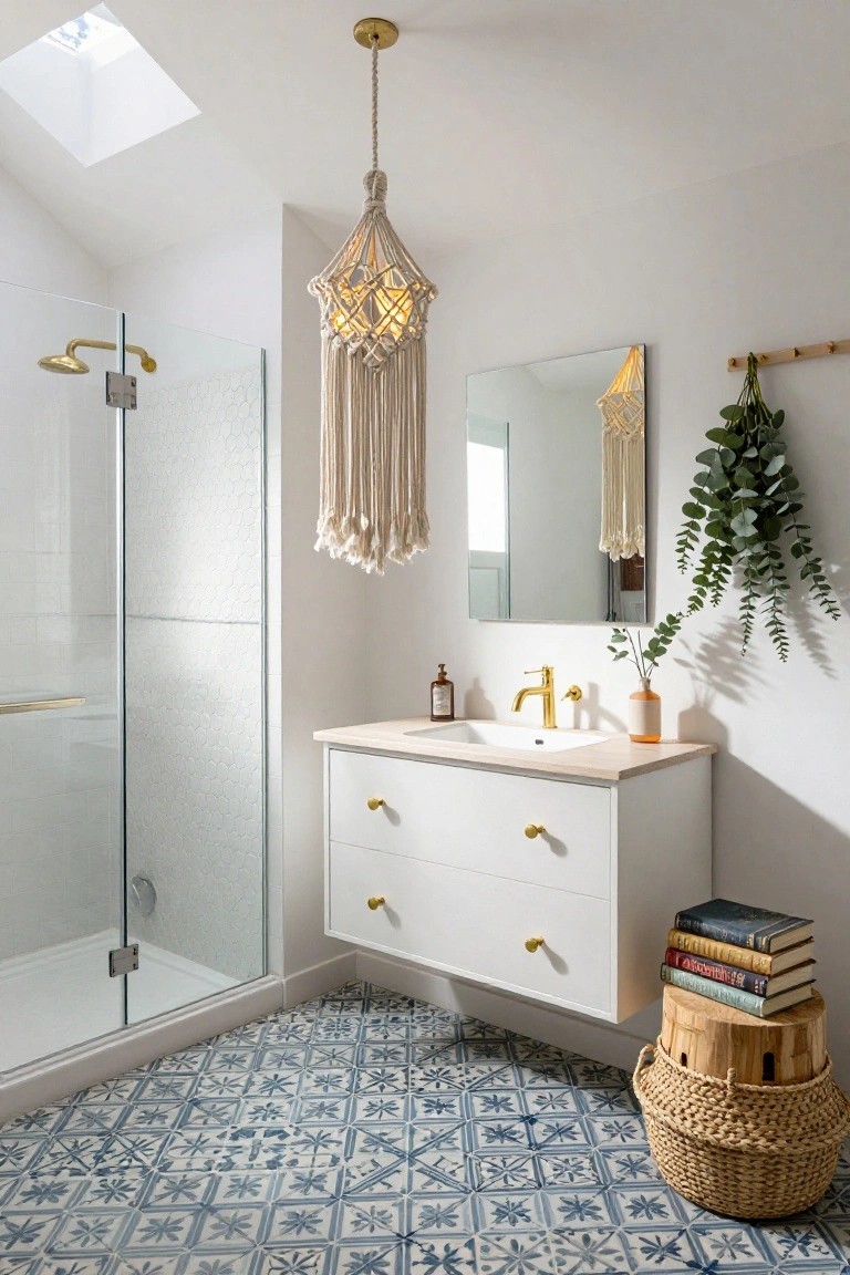 Small white bathroom with sloped ceiling and skylight, featuring a cream-colored macrame pendant light over a white vanity and gold faucet, glass shower enclosure, blue patterned tile floor, mirror, and woven basket stool.