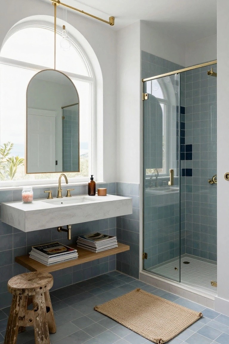 Bathroom with blue subway tile walls and floor, white floating quartz vanity, brass gooseneck faucet, glass shower enclosure with blue and navy tiles, arched gold mirror by window, wood stool, hanging brass pendant light from ceiling track, and woven floor mat.