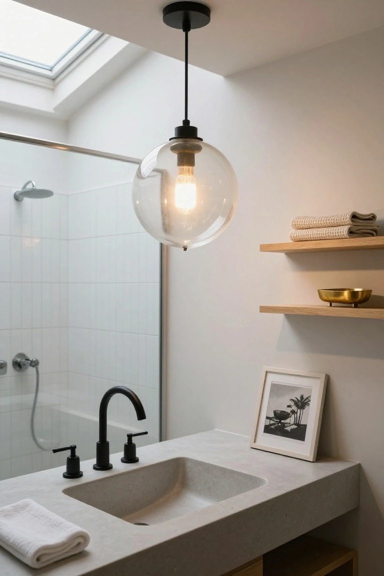 Bathroom with clear glass globe pendant light hanging over gray concrete sink and black faucet, white tiled shower enclosure with chrome showerhead, wooden floating shelves holding folded towels and brass bowl, black and white photo frame on wall, and skylight above.