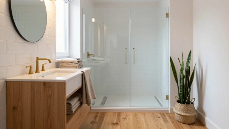 Modern bathroom with floating oak vanity, gold faucet and handles, large round mirror flanked by two textured cream pendant lights, white subway tile walls, glass shower enclosure, snake plant in basket, and light wood plank flooring.