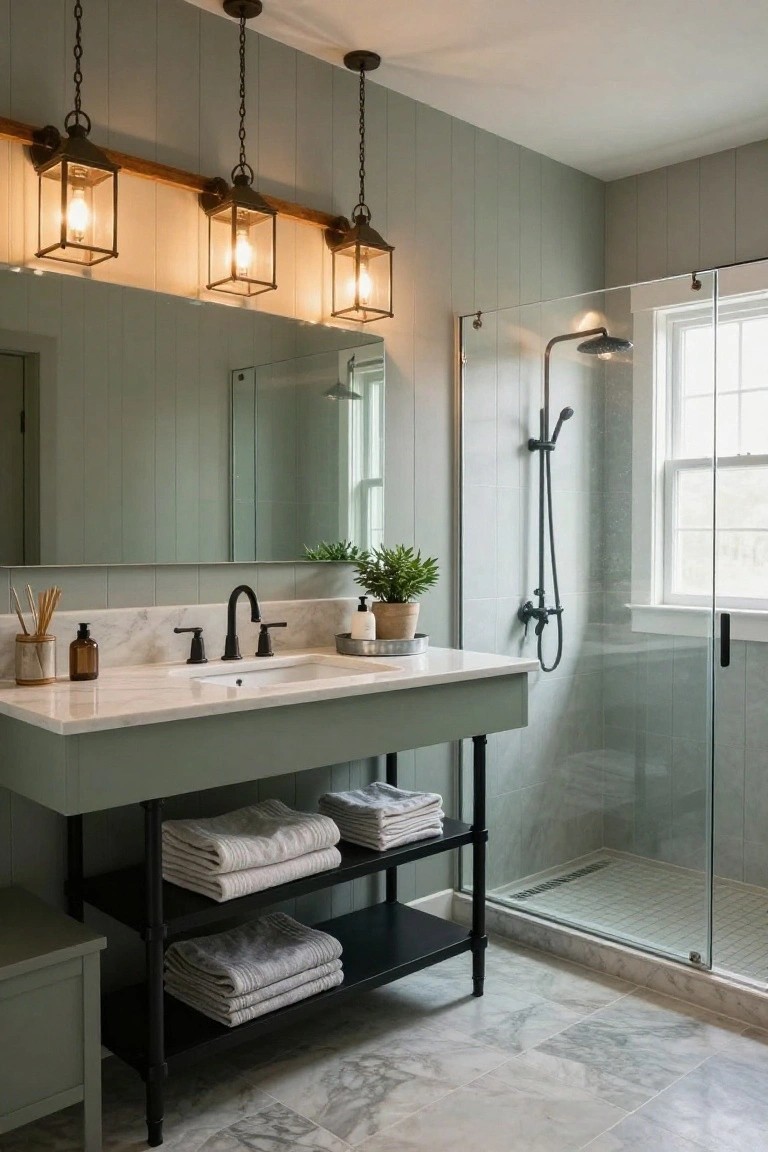 Bathroom with three black metal lantern pendant lights hanging above a sage green vanity cabinet, white marble sink, black faucet, glass shower enclosure, and light gray marble tile floor.