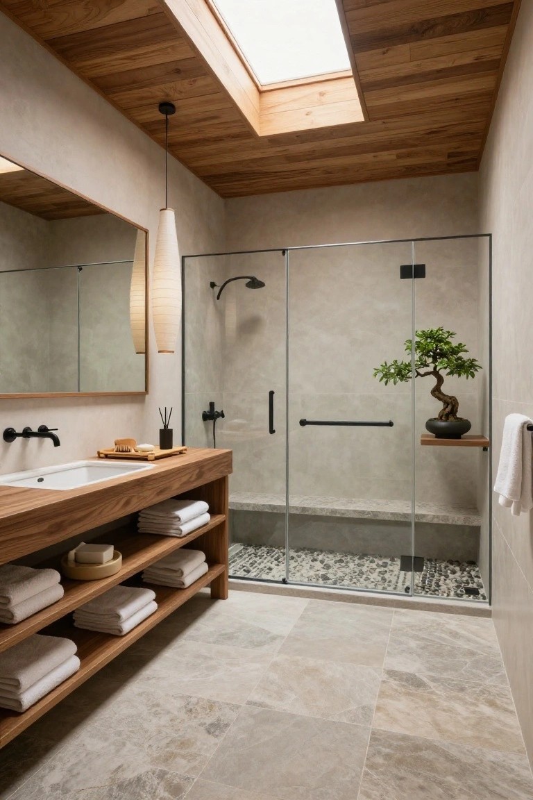 Bathroom with wooden plank ceiling and skylight, hanging tapered pendant light over wooden vanity with sink, glass shower enclosure containing bench, pebble floor, bonsai tree on shelf, and light gray marble-look tile floor.