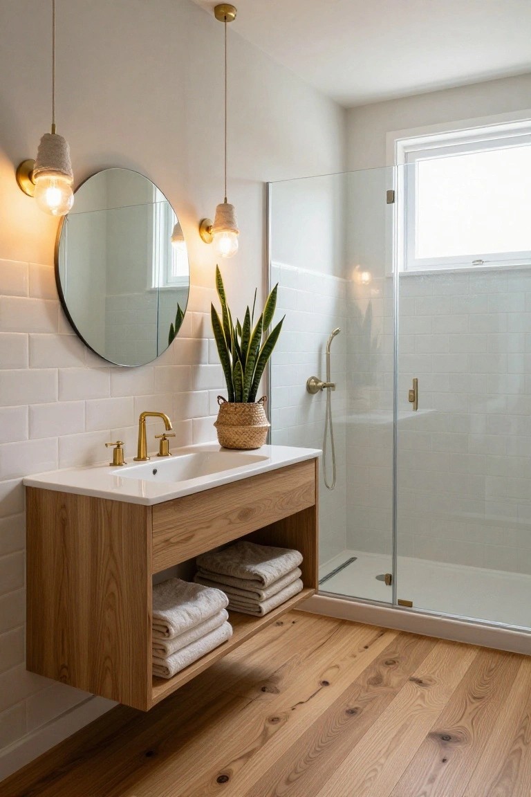 Modern bathroom with floating oak vanity, gold faucet and handles, large round mirror flanked by two textured cream pendant lights, white subway tile walls, glass shower enclosure, snake plant in basket, and light wood plank flooring.