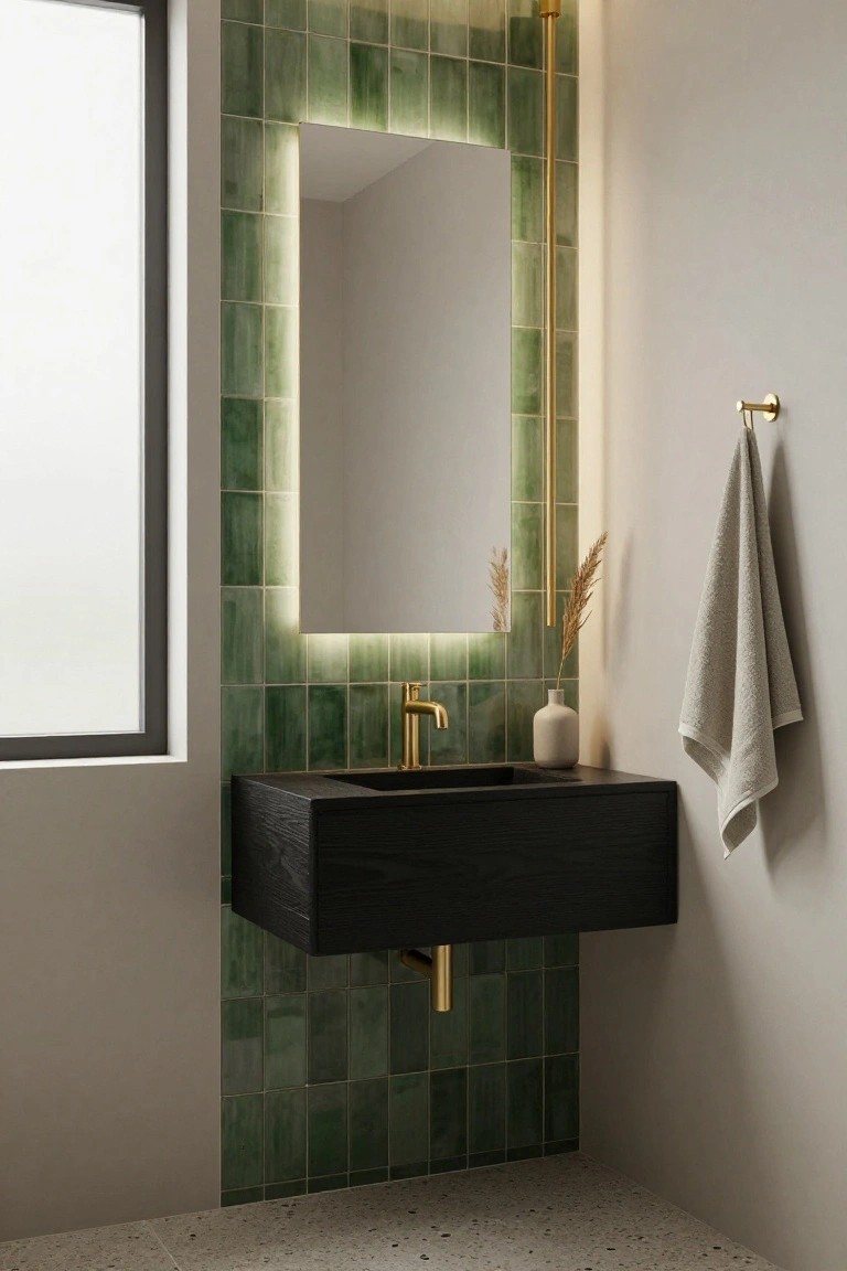Modern bathroom corner featuring green glossy tiles on one wall, a backlit rectangular mirror with gold frame, black floating vanity with integrated sink, gold faucet, pampas grass in vase, beige towel on gold hook, and tall vertical gold pipe element.