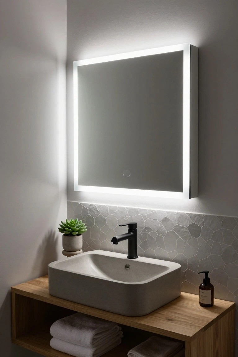 Square backlit LED mirror above a white vessel sink on oak vanity with gray hexagonal tile backsplash, succulent plant, and soap dispenser in a modern bathroom.
