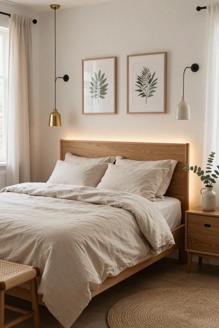Cozy bedroom corner showing a wooden platform bed with LED strip lighting glowing behind the oak headboard, neutral linen bedding, bedside table with eucalyptus in a vase, two botanical prints on the wall, wall sconces, gold pendant light, sheer curtains, and a rattan stool on a seagrass rug.