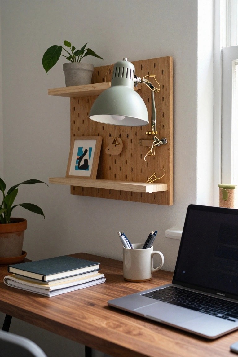 Wooden desk with MacBook laptop, stacked books, white mug, pens, and nearby potted plants in a light room; oak pegboard wall with green clamp lamp, small shelf holding plant pot and frame, next to window.
