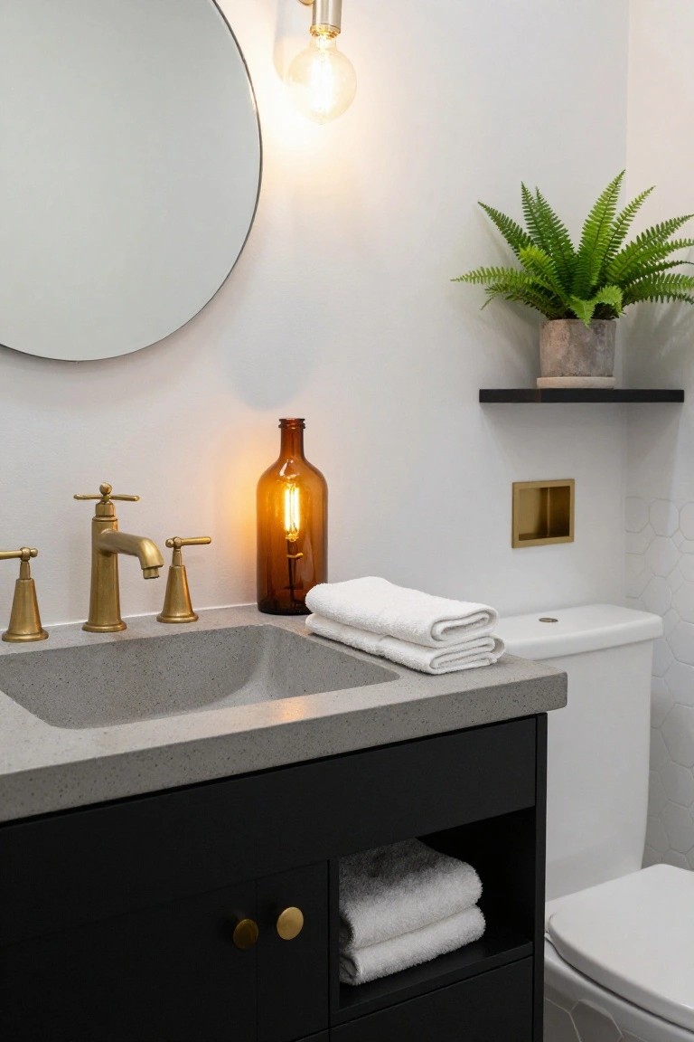 Bathroom vanity with gray concrete sink, gold faucet, black cabinet, round mirror with wall sconce, amber glass bottle lamp on counter, potted fern on black shelf, and white toilet.
