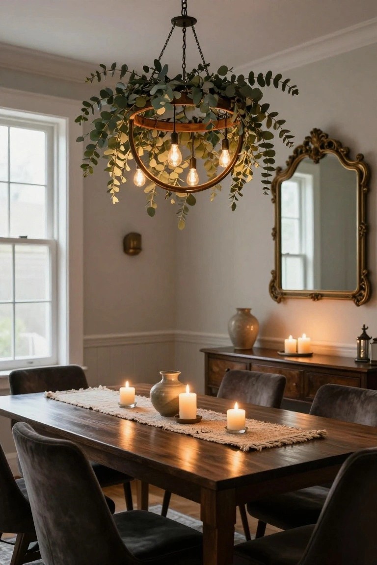 Dining room featuring a wooden hoop chandelier draped with eucalyptus leaves and Edison bulbs hanging over a wooden table set with candles, flanked by velvet chairs, a sideboard with ceramic vase and gold-framed mirror.