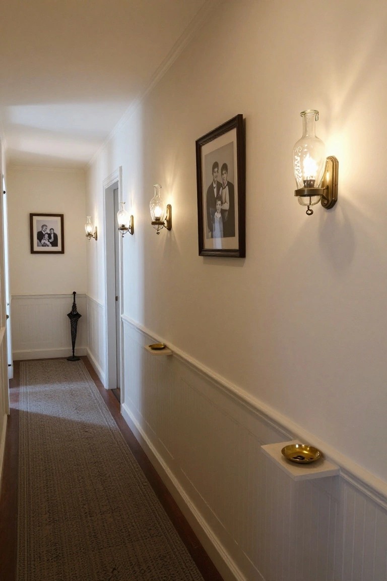 Long white interior hallway with wainscoting, runner rug on wood floor, doors along both sides, framed black-and-white family photos on walls, black umbrella stand, small wooden shelf with brass ashtray, and several lit glass lantern wall sconces mounted on walls.
