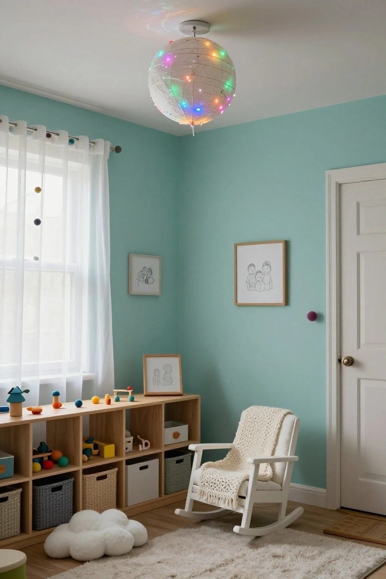 Mint green nursery with hanging white paper mache globe lamp lit by colorful internal LEDs, wooden toy shelves, white rocking chair with knit blanket, cloud pillows on fluffy rug, sheer curtains, and family artwork on walls.