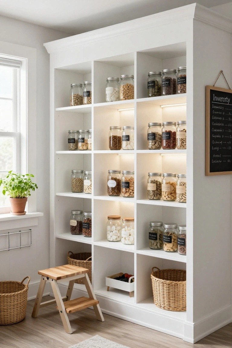 White built-in shelving unit in a room filled with glass jars containing nuts, beans, grains, and other dry goods, illuminated by LED strips under the shelves, with wicker baskets, a wooden step stool, a potted plant, and a chalkboard nearby.