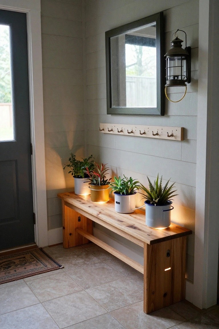Wooden entry bench holding potted plants in white, yellow, and blue pots illuminated with warm LED lights from below, positioned near a dark front door, coat hooks, mirror, and lantern on a shiplap wall.