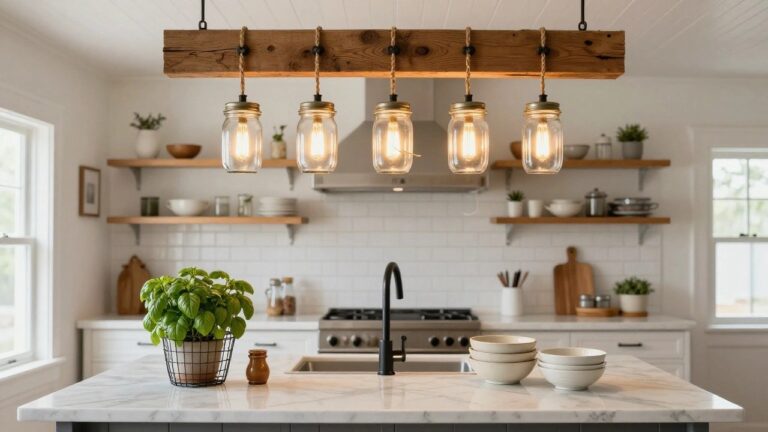 20 Unique DIY Home Decor Lighting Projects That Anyone Can Try Kitchen with a wooden beam ceiling fixture holding five rope-suspended mason jar pendant lights with exposed bulbs over a white marble island countertop.