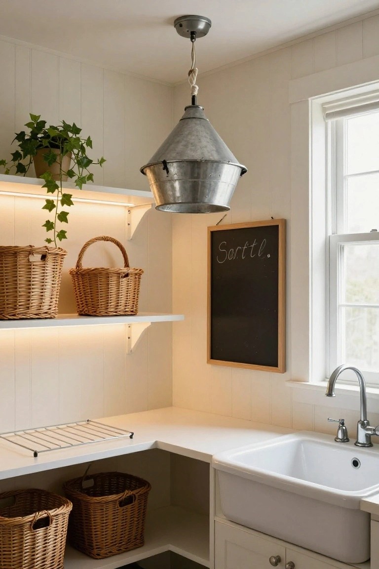 Corner of a white kitchen or utility room with open wood shelves holding wicker baskets, ivy plant, chalkboard sign reading "Starttl.", farmhouse sink, and a large galvanized metal bucket pendant light hanging from rope over the sink area.