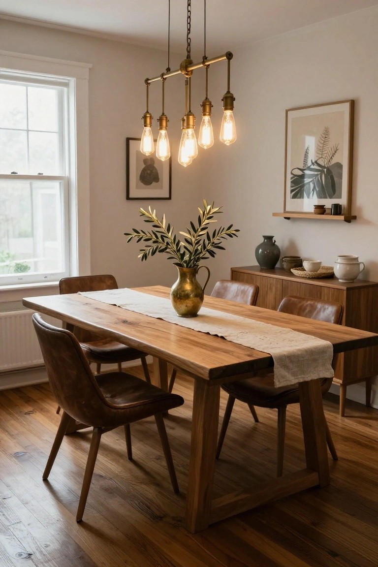 Rustic wooden dining table with leather chairs under a brass chandelier.