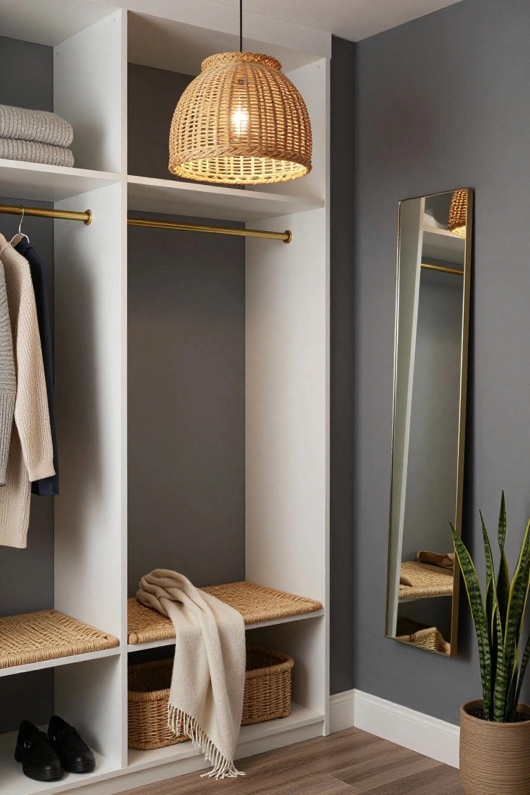 Walk-in closet with white cabinetry, gold hanging rods with clothes, rattan bench with folded blanket, woven rattan pendant light, slim gold-framed mirror, snake plant in pot, and wood floor.