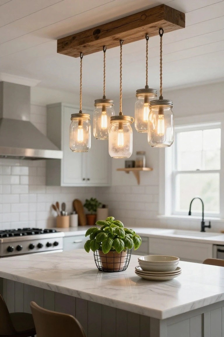 Kitchen with a wooden beam ceiling fixture holding five rope-suspended mason jar pendant lights with exposed bulbs over a white marble island countertop.