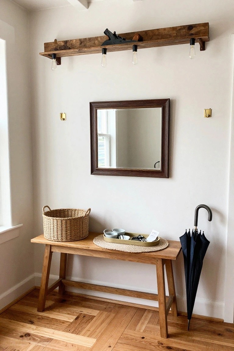 Entryway interior featuring a wooden bench with seagrass placemat tray and basket, flanked by an umbrella, a wall mirror, brass hooks, and a wooden shelf overhead with exposed bulb lights and woodworking tools.
