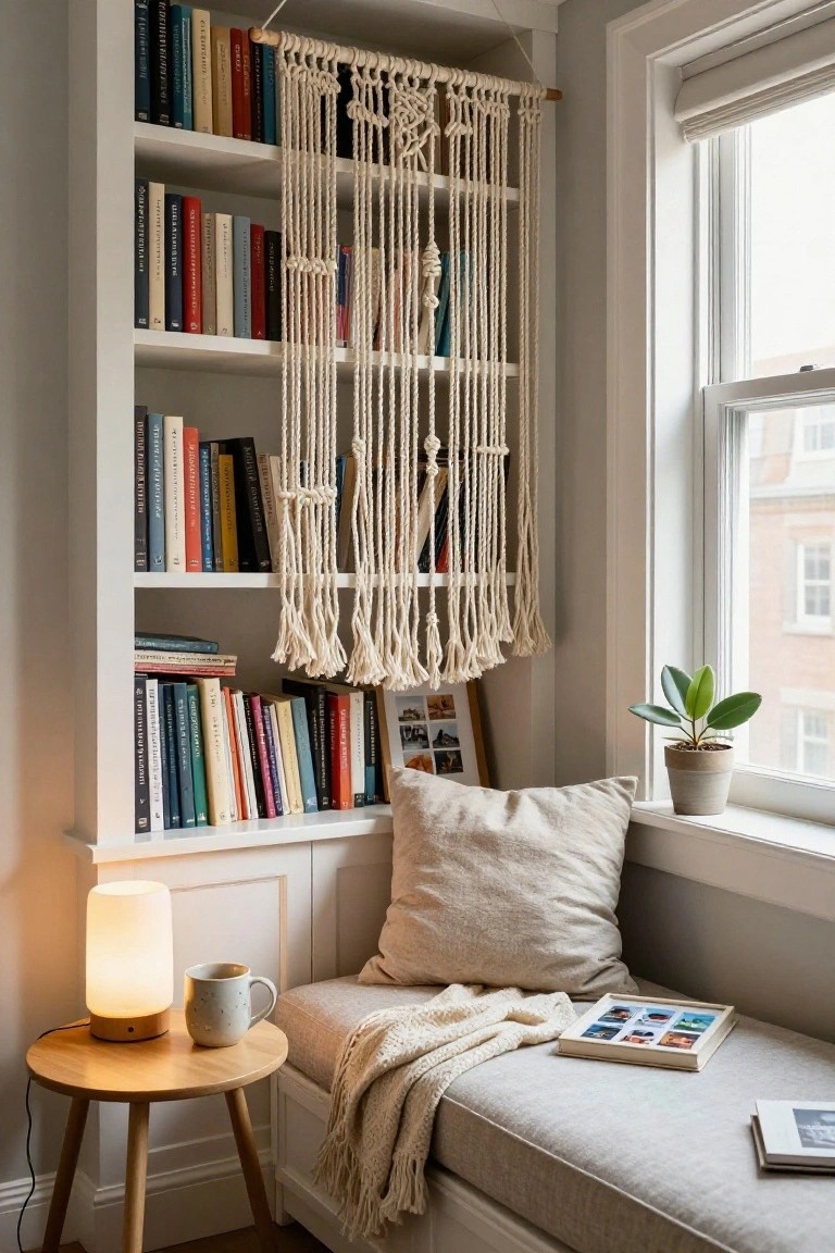 Cozy indoor reading nook with white bookshelves holding colorful books, white macrame wall hanging, gray window seat with beige pillows and throw blanket, wooden tripod side table with frosted glass lamp and ceramic mug, potted plant on windowsill.