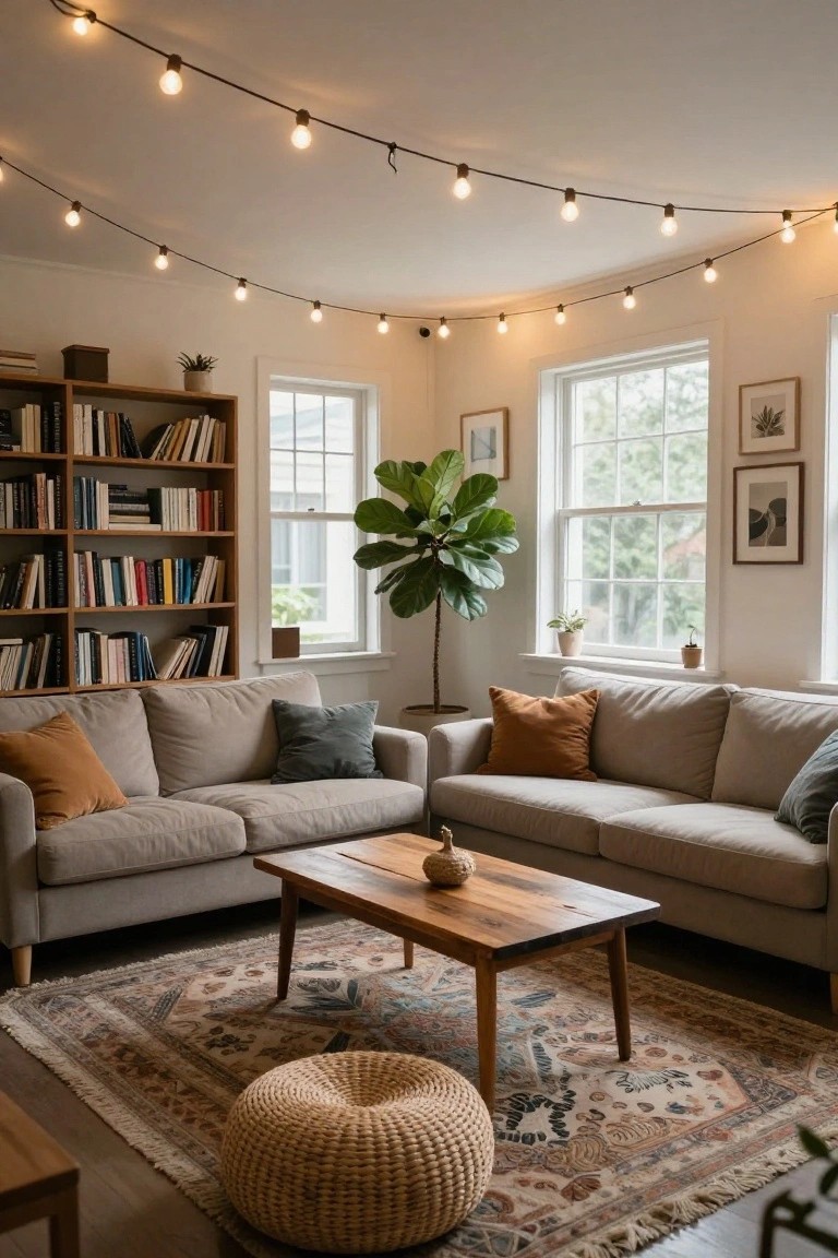 Living room corner with two beige sofas, wooden coffee table, patterned rug, bookshelves, potted plants, and strings of warm bulb lights hanging from the ceiling.