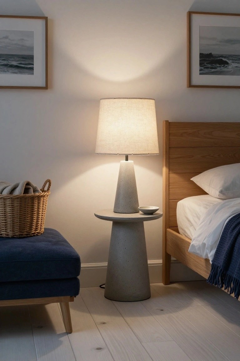 Bedroom corner with a tall gray concrete pedestal side table holding a fabric-shaded lamp, beside an oak bed with white sheets and pillows, blue ottoman, wicker basket with linens, and two framed seascape prints on white walls.