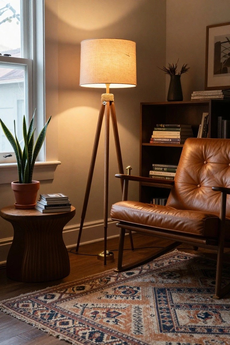 Wooden tripod floor lamp with beige fabric shade positioned next to a tan leather armchair in a cozy indoor room with bookshelves, potted snake plant, side table, and woven rug.