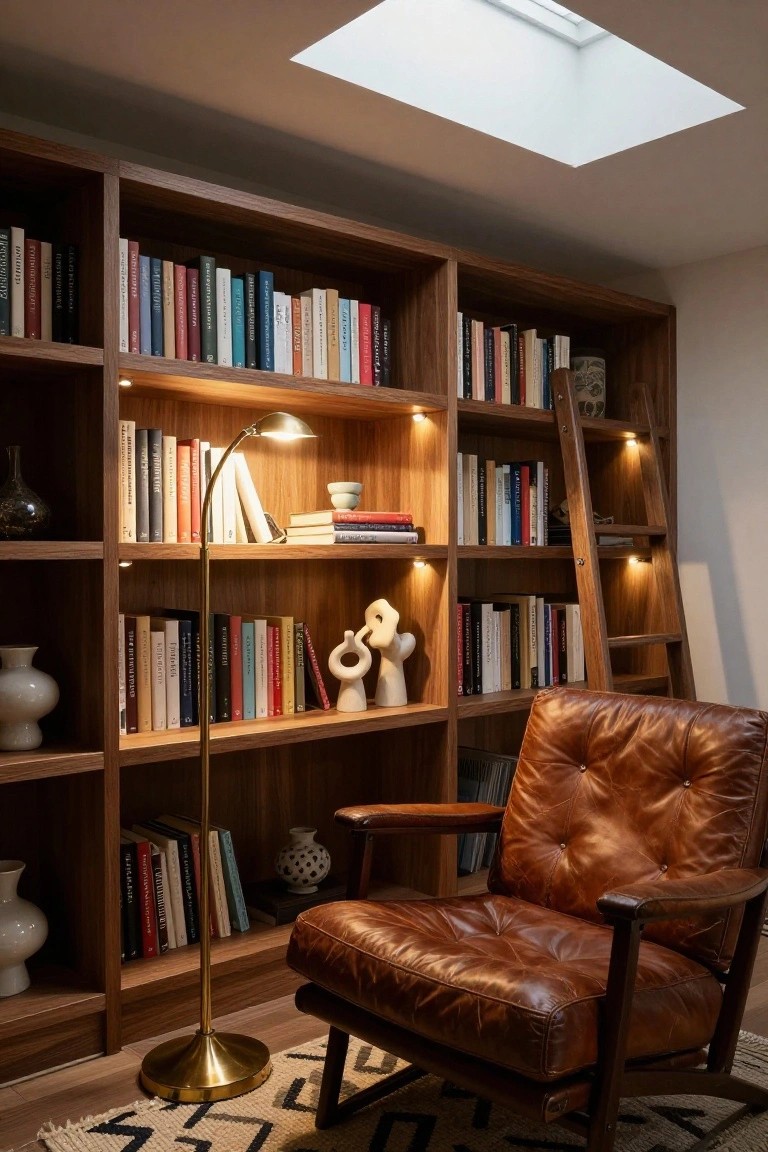 Walnut built-in bookshelves with integrated under-shelf lighting, a brown leather armchair, brass arched floor lamp, ceramic vases, books, and a ladder against the shelves in a room with a skylight overhead.