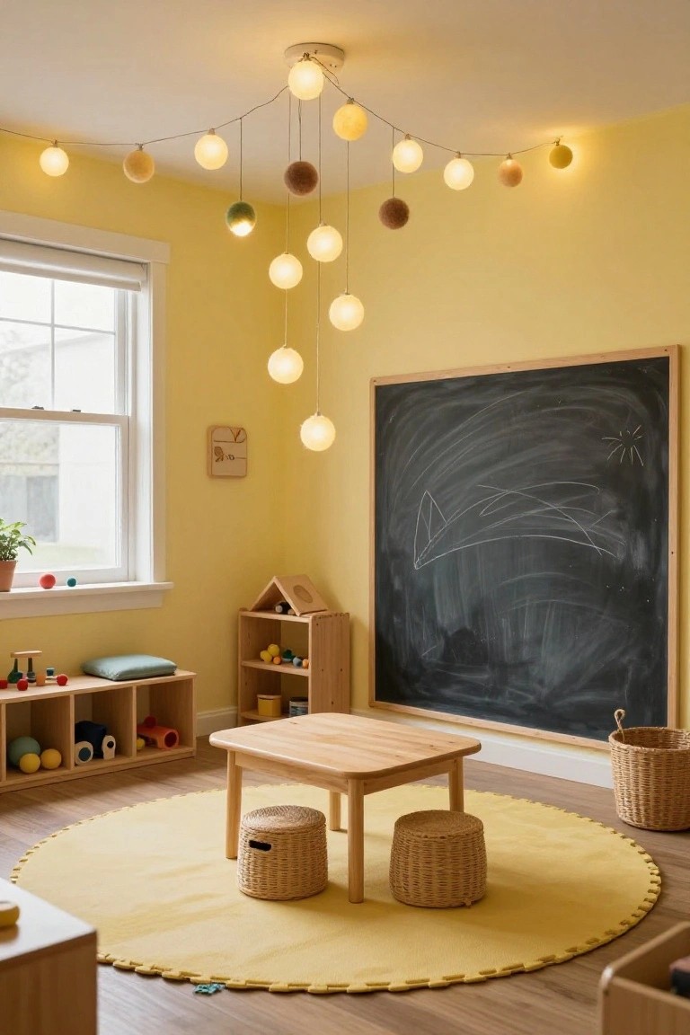 A yellow playroom with a large blackboard on the wall, wooden shelves of toys, a round yellow rug with stools and table, and a ceiling chandelier of hanging wool balls mixed with glowing pendant lights.
