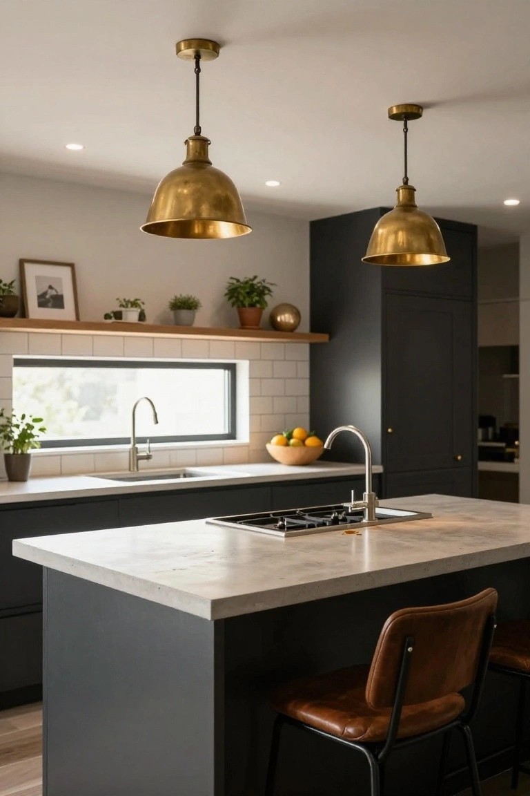 Kitchen interior with black cabinets, light gray countertops, brass dome pendant lights hanging over the island and sink area, recessed ceiling downlights, wooden bar stools, and potted plants on floating shelves.
