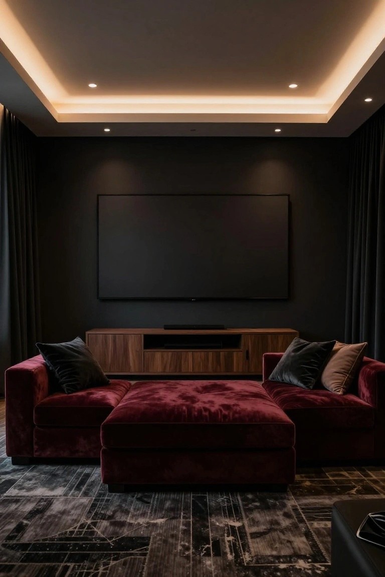 Home theater room featuring dark walls, a large wall-mounted TV, wooden media console, red velvet L-shaped sofa with pillows, dark patterned rug, black curtains, recessed ceiling lights, and perimeter LED strip lighting.