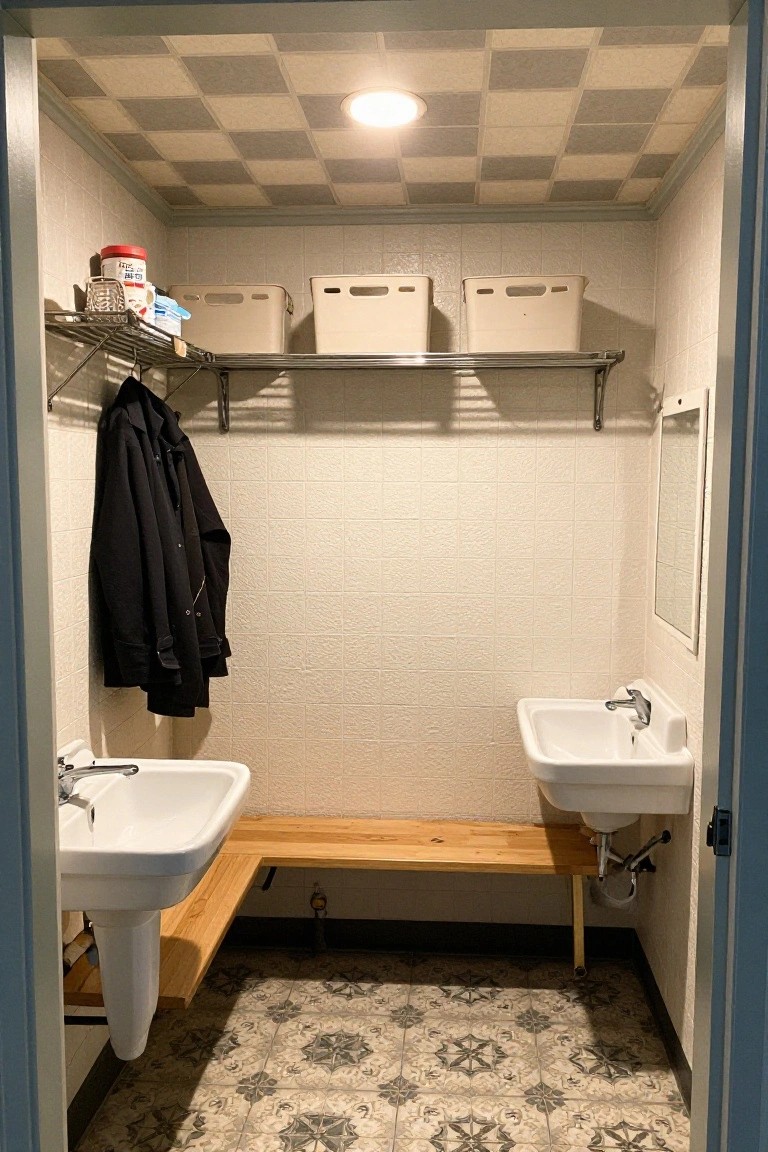 Small interior washroom with white tiled walls, two white sinks on a wooden bench, black coat hanging on metal rack, plastic storage bins on shelves, and a checkered grid false ceiling with central recessed light.