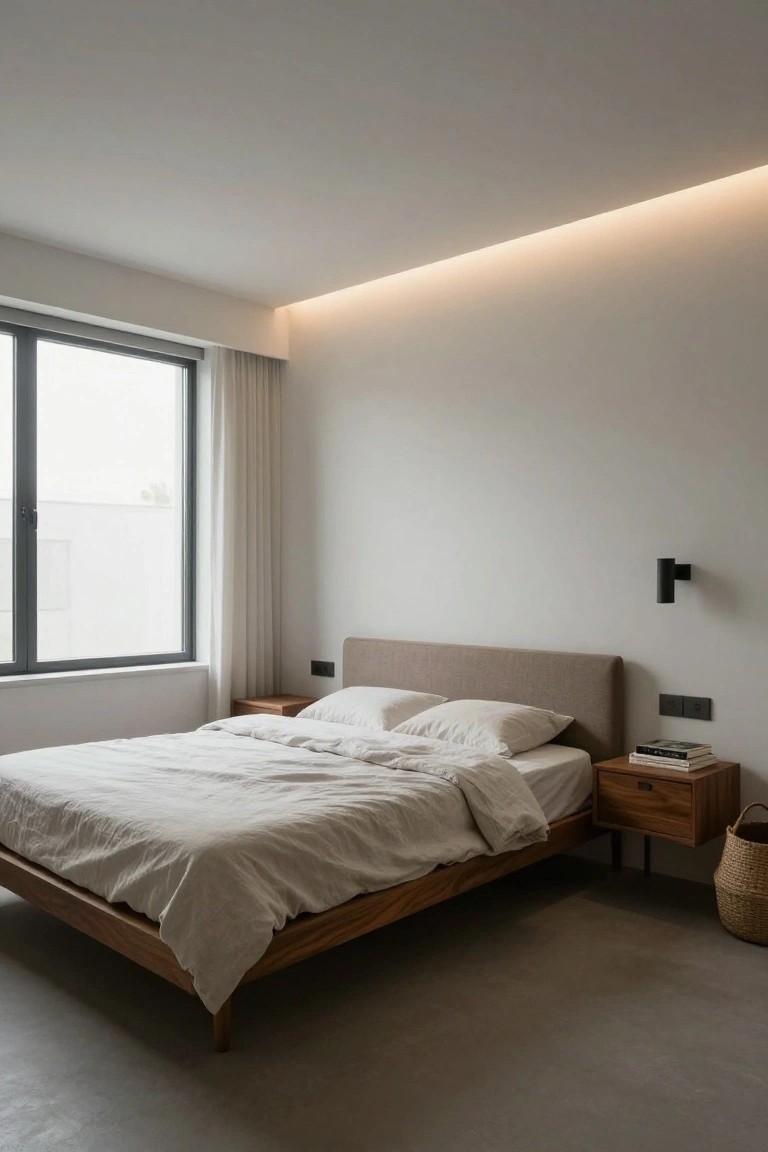 A minimalist bedroom with a low wooden bed draped in white linens, wooden nightstand holding books, large window with white curtains, black wall light, wicker basket on concrete floor, and soft LED cove lighting recessed in the white false ceiling.
