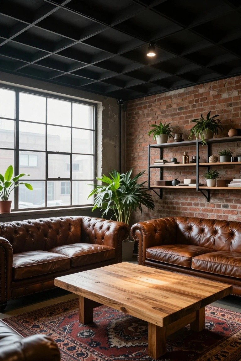 Industrial lounge room with black grid false ceiling and recessed spotlights, exposed brick walls, large metal-framed windows, brown leather sofas, wooden coffee table, potted plants on shelves and floor, and a patterned rug.