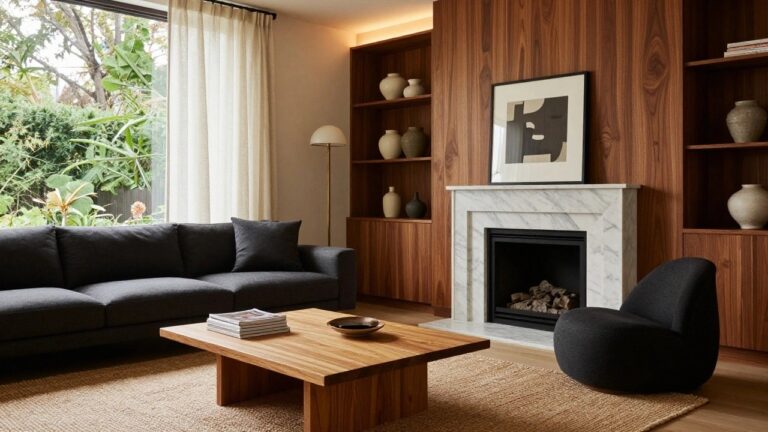 20 Unique False Ceiling Lighting Ideas That Transform A Room Modern living room with gray sofa, wooden coffee table, marble fireplace, wood-paneled wall featuring thin recessed LED strip lighting along the ceiling edge, and large window with garden view.