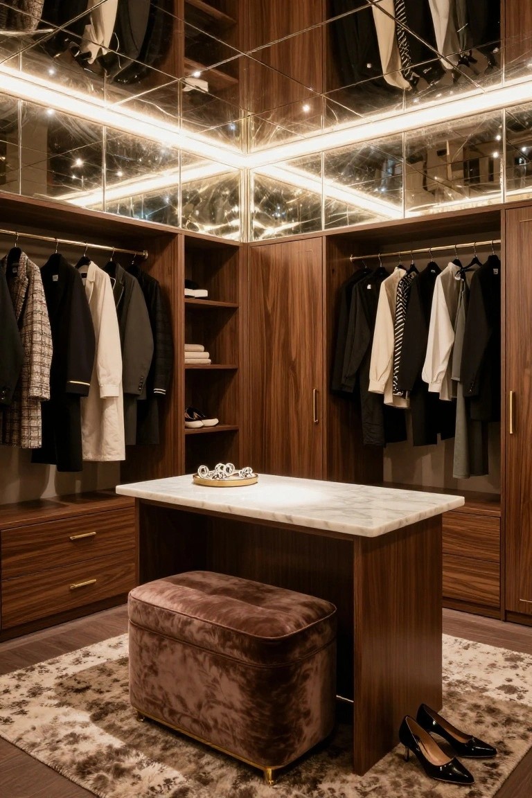 Walk-in closet with dark wood wardrobes and cabinets, full-length mirrors on walls and ceiling, central marble-topped island holding a jewelry tray, purple velvet ottoman, black high-heeled shoes on a gray rug, and perimeter LED strip lighting.
