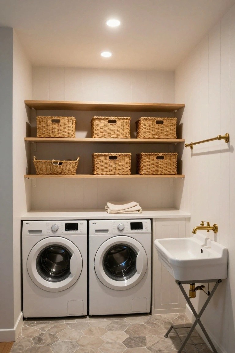 Laundry room with two white front-loading washers, a white utility sink on a metal stand, wooden floating shelves holding wicker baskets, white shiplap walls, recessed ceiling lights, and gray hexagonal floor tiles.