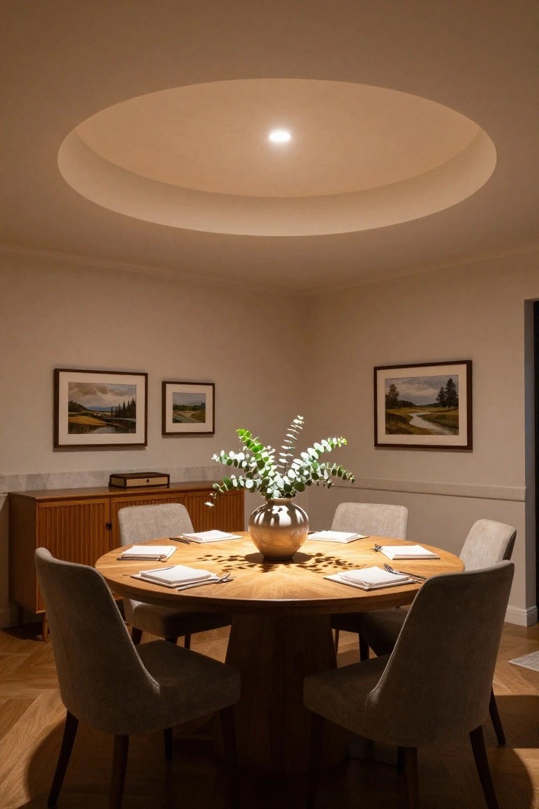 A cozy dining room corner with a round recessed ceiling and central spotlight above a wooden round table set for dinner, flanked by beige upholstered chairs, a credenza with eucalyptus, and landscape paintings on cream walls.