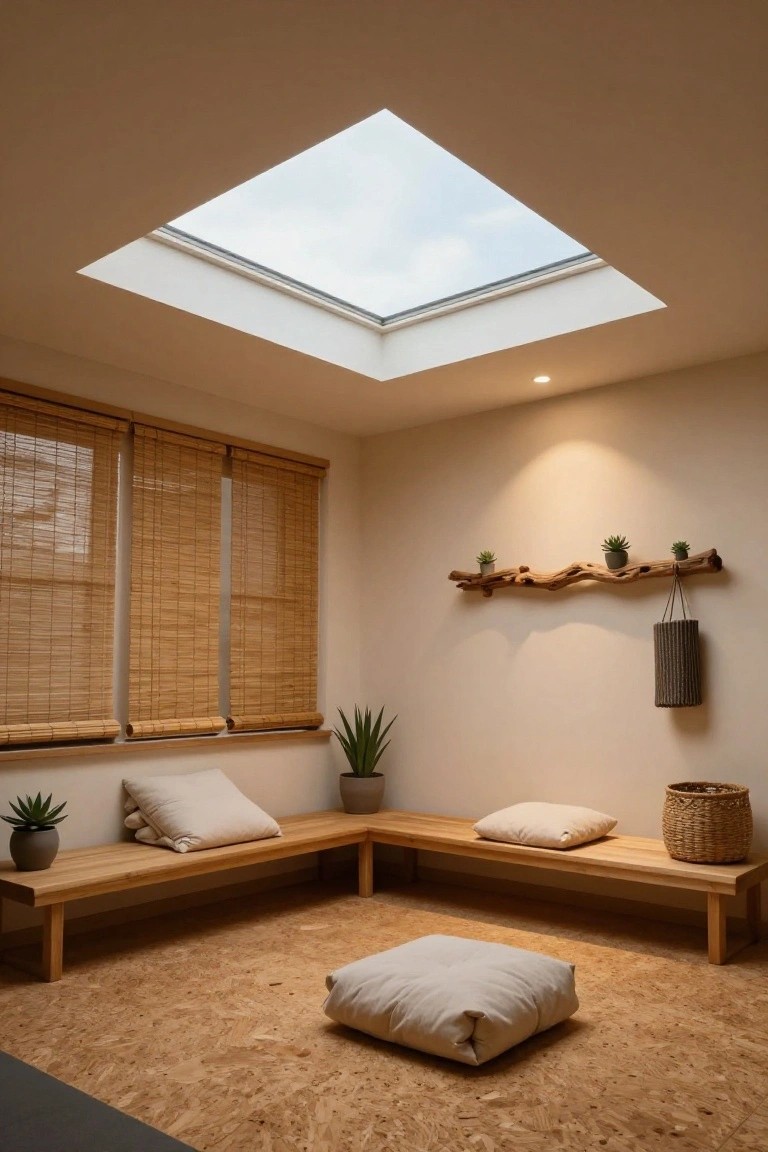Beige indoor room with square skylight in the ceiling, L-shaped wooden benches with cushions, potted plants, bamboo blinds on windows, and cork flooring.