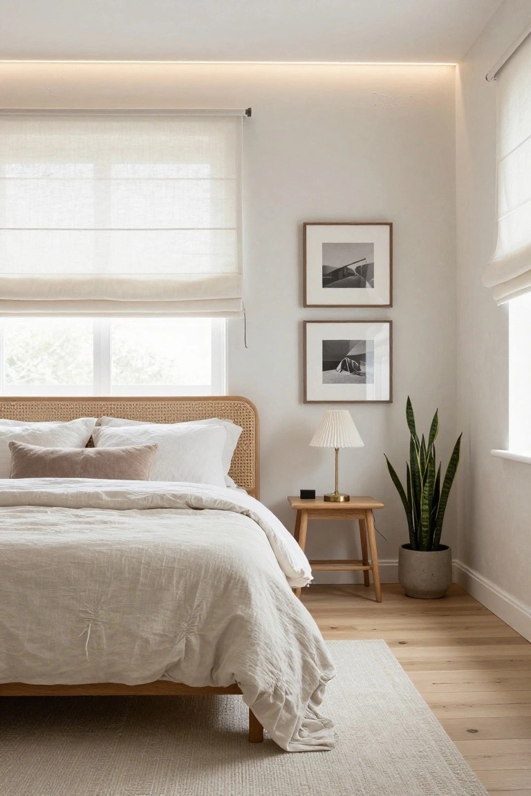 Bedroom interior featuring a rattan headboard bed with white linen bedding, sheer roller blinds on two windows, two black-and-white framed photos on a light wall, a snake plant in a concrete pot, wood side table with brass lamp, light oak floors, and thin LED strip lighting recessed along the ceiling perimeter.