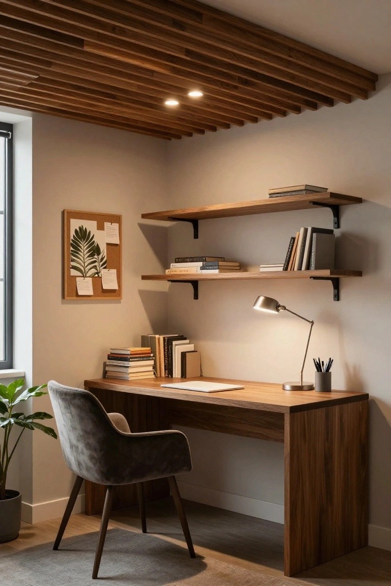 A home office corner with light wood slat ceiling featuring two recessed circular spotlights, wooden floating shelves above a wooden desk with gray upholstered chair, desk lamp, books, potted plant, and corkboard on beige walls.