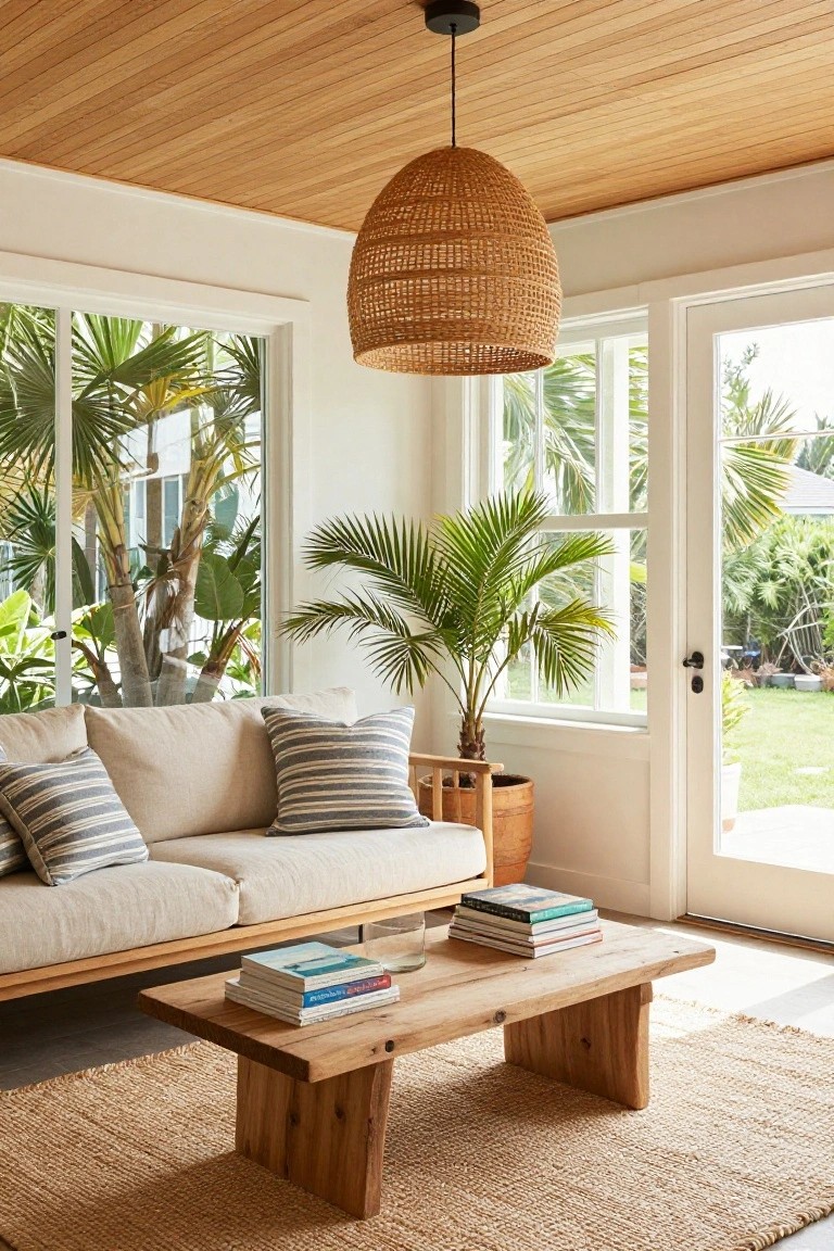 Light-filled living room with beige sofa, wooden coffee table holding stacked books, potted palm plant, large windows and glass door to tropical garden view, and large woven basket pendant light suspended from wooden plank ceiling.