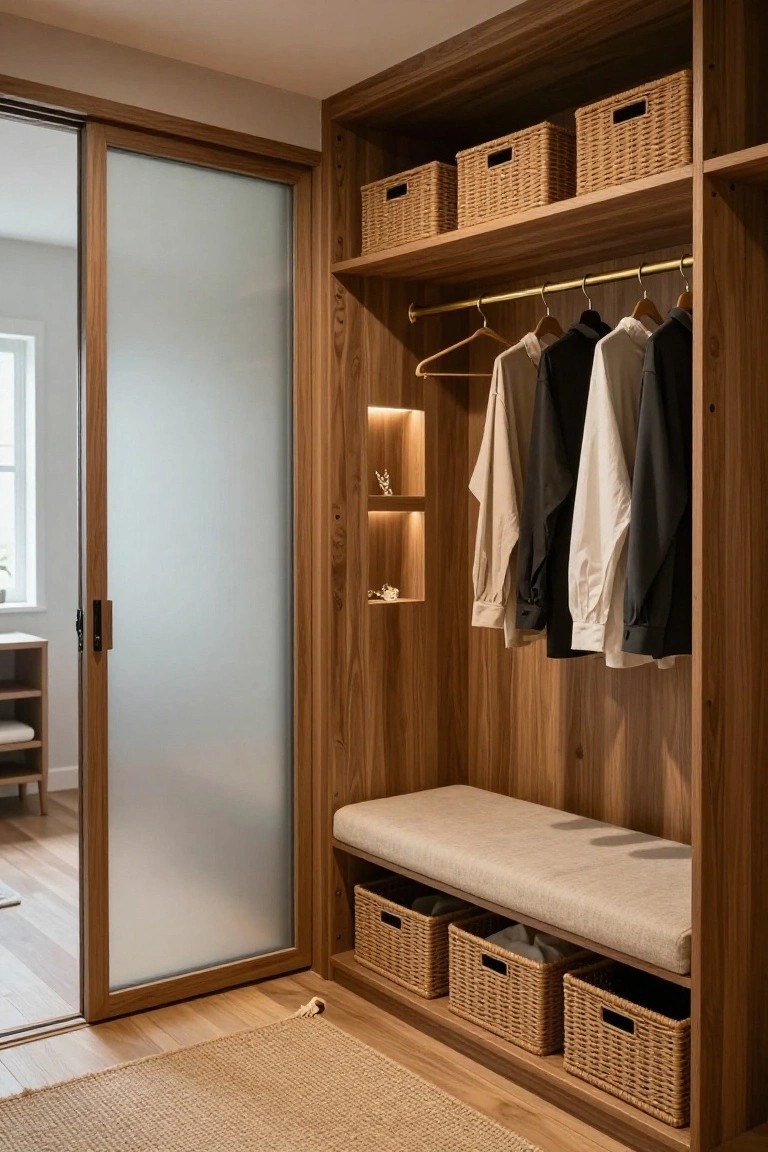 Walk-in closet with warm wood cabinetry, hanging rods with shirts and pants, wicker baskets on shelves and under a cushioned bench, small lit niches, and an open frosted glass sliding door.